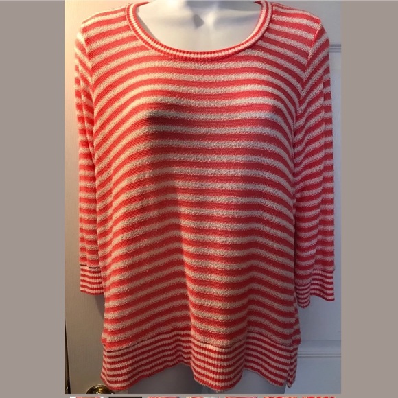 SPLENDID Deco Stripe Crewneck Sweater Pink Coral White Lightweight Knit Pullover - Picture 2 of 8
